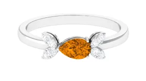 0.75 CT Pear Cut Citrine Promise Ring with Leaf Diamond