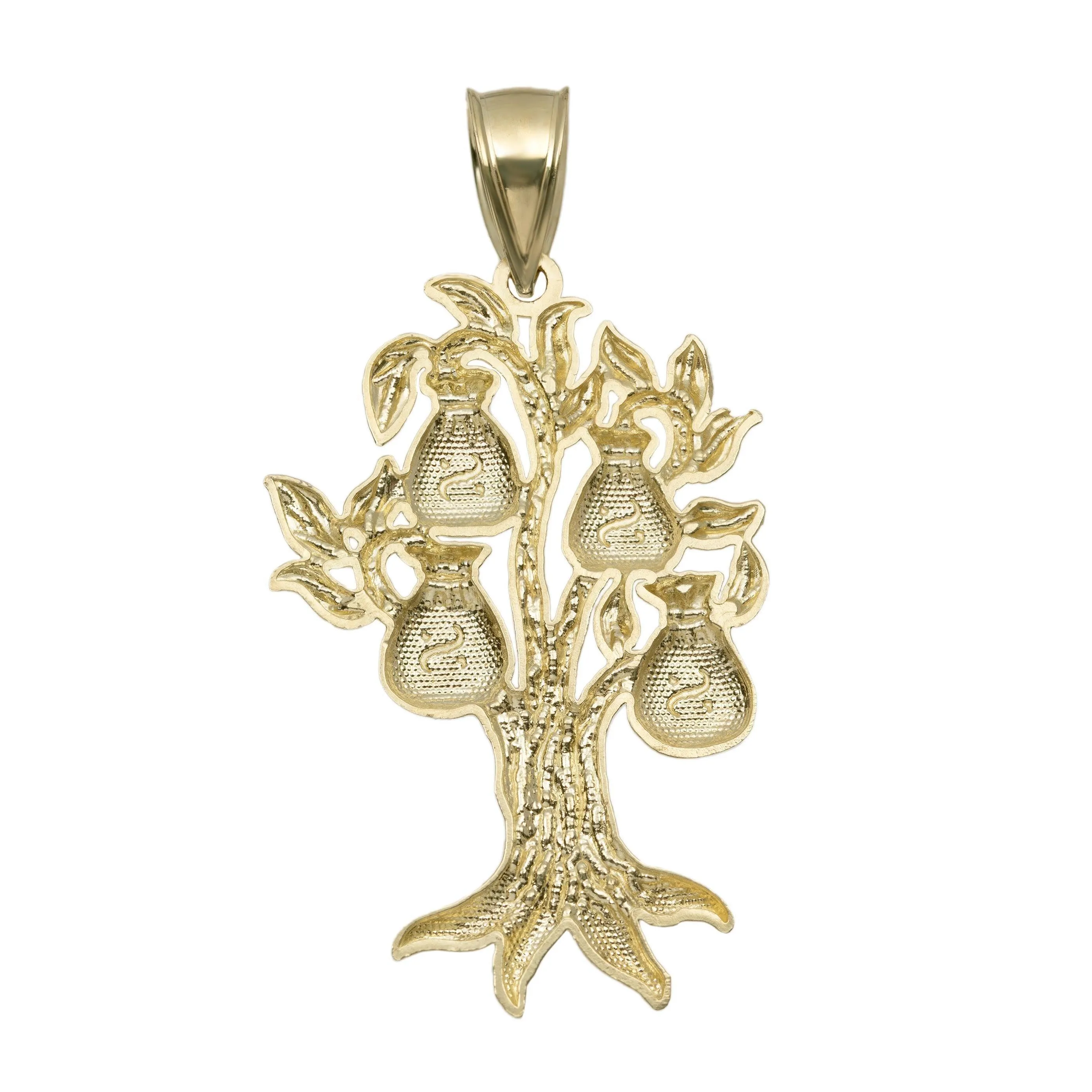 1 3/4" Diamond-Cut Money Bag Tree Luck Pendant Solid 10K Yellow Gold