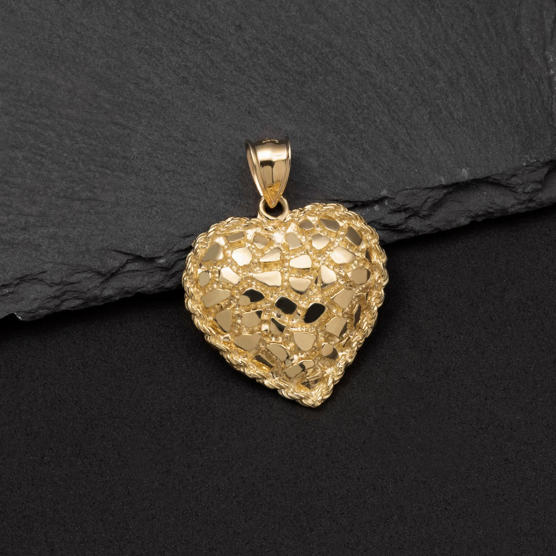 1 3/8" Framed Nugget Heart Pendant 10K Yellow Gold