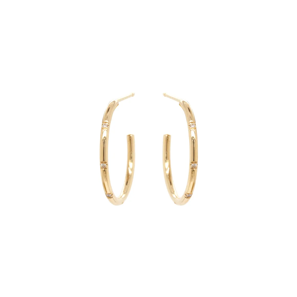 14k 4 Bead Set Diamond Medium Hoops