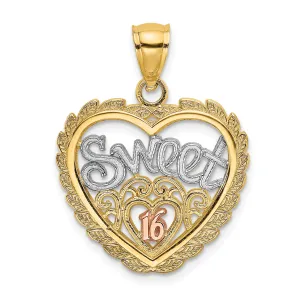 14k Two Gold Rhodium SWEET 16 In Heart Design Pendant