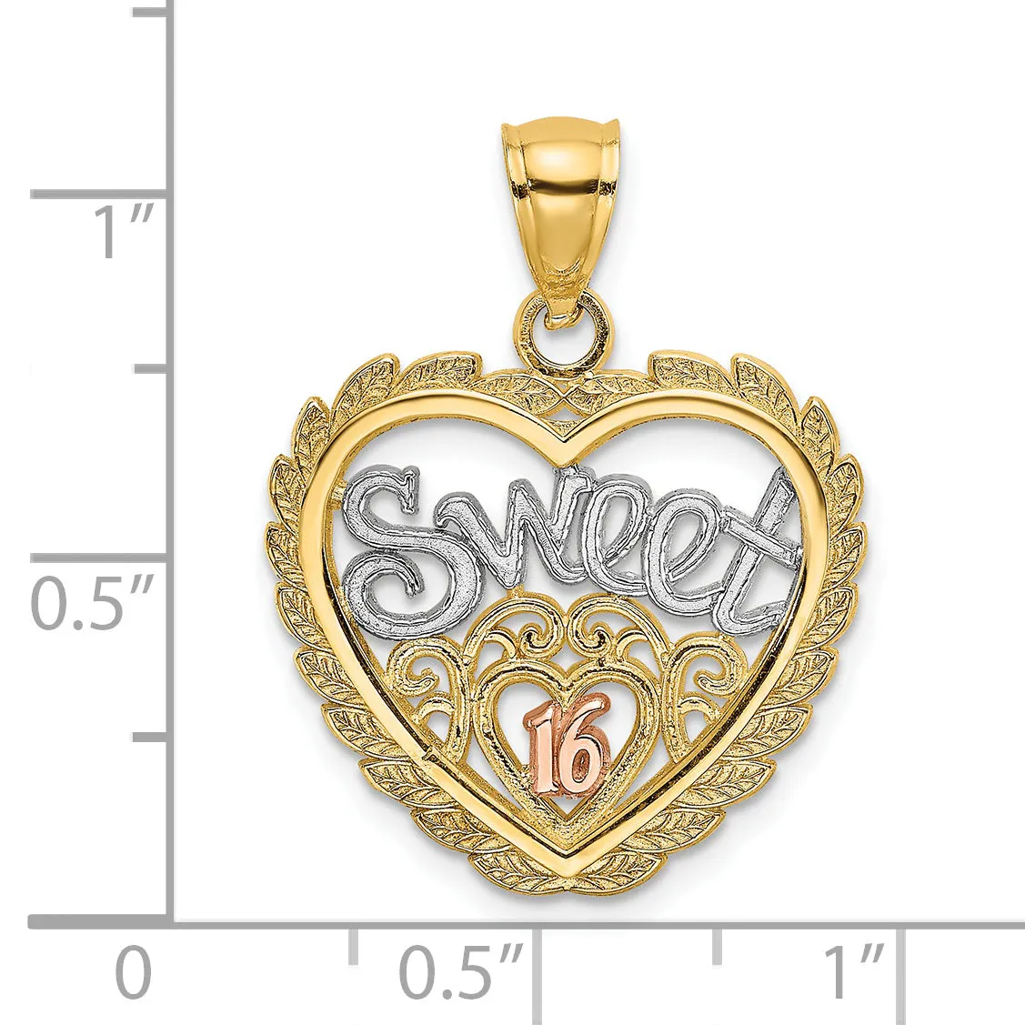 14k Two Gold Rhodium SWEET 16 In Heart Design Pendant