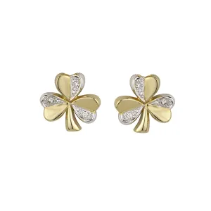 14K Two Tone Diamond Shamrock Stud Earrings