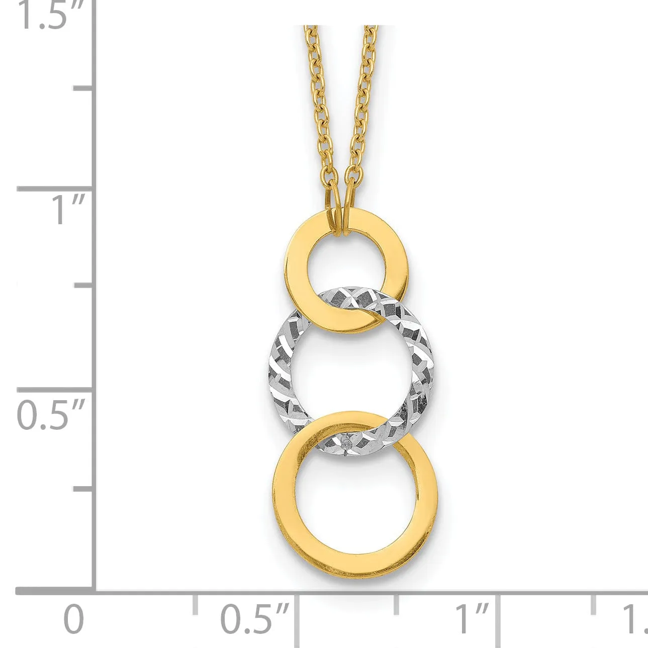 14k Two Tone Gold Solid Polished Diamond Cut Finish Textured 3-Circle Pendants Design with 17-inch Cable Chain Fancy Necklace Set