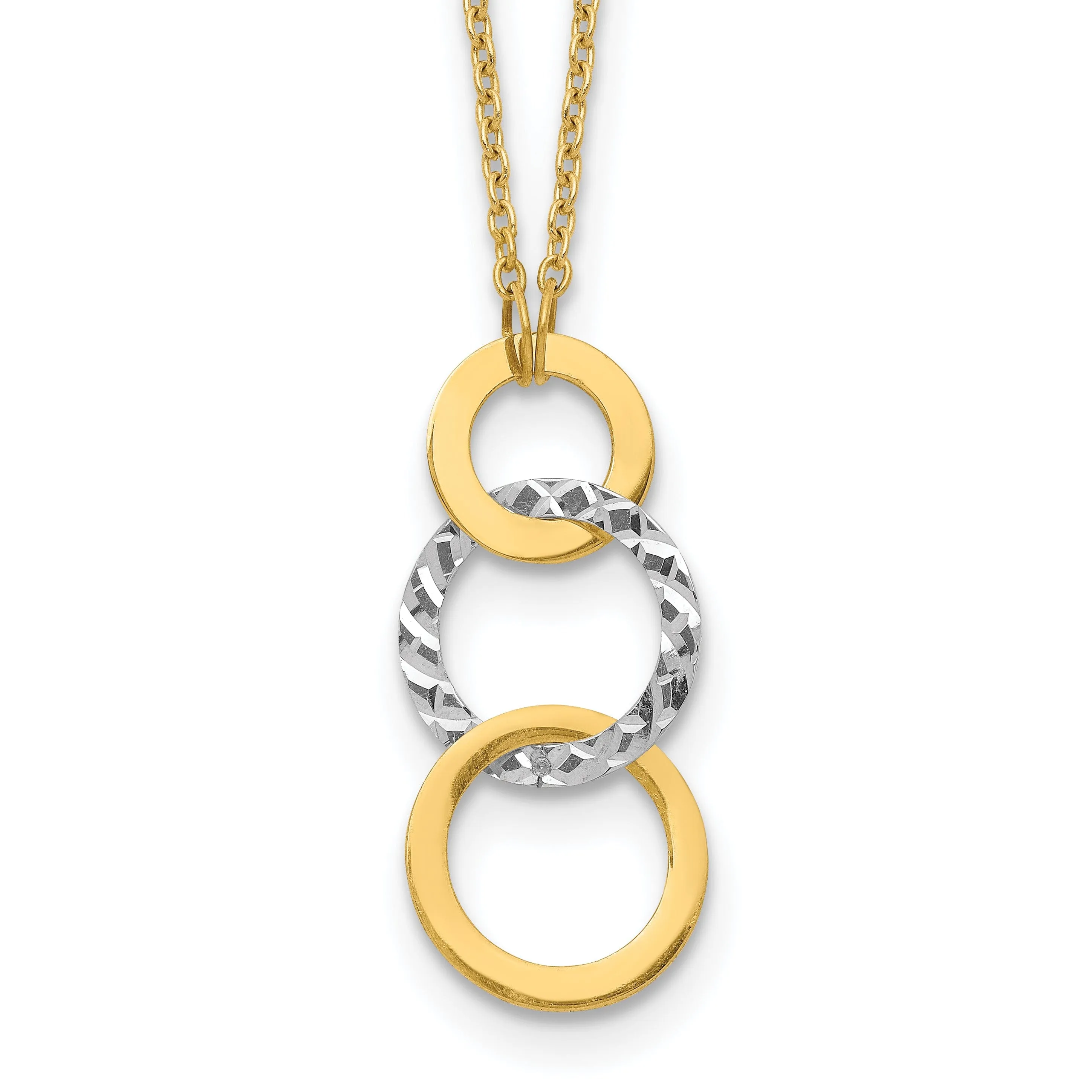 14k Two Tone Gold Solid Polished Diamond Cut Finish Textured 3-Circle Pendants Design with 17-inch Cable Chain Fancy Necklace Set