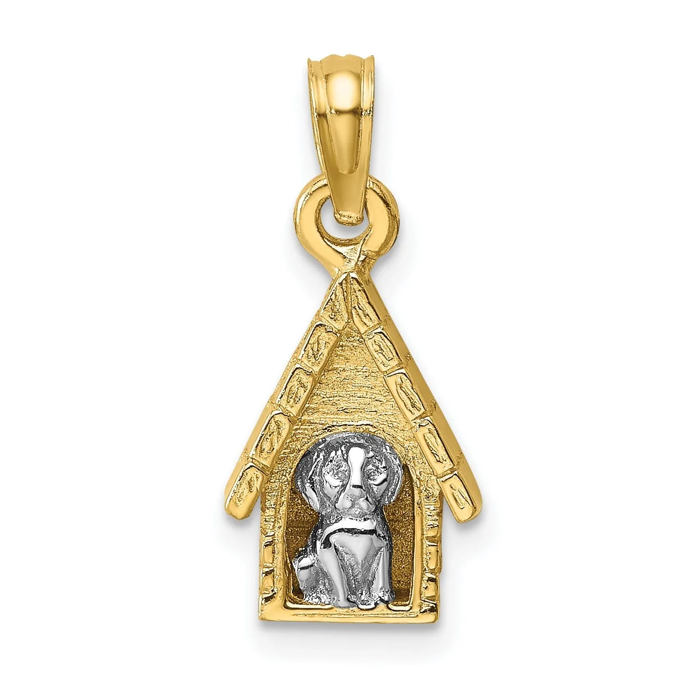 14k Two Tone Gold Textured Polished Finish 3-Diamentional Dog Inside Dog House Charm Pendant