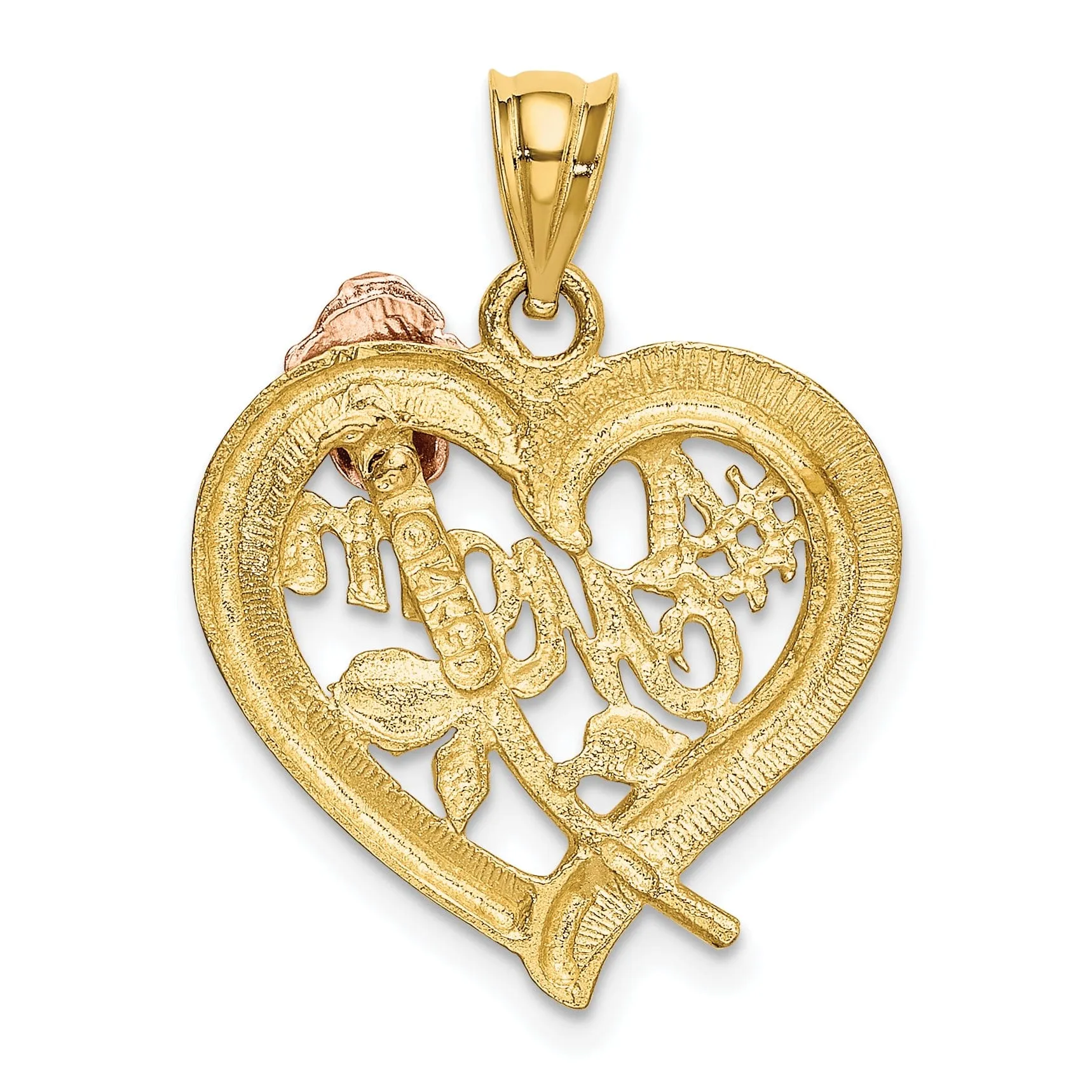 14k Two-Tone Gold, White Rhodium Textured Polished Finish Solid #1 Mom with Rose in Heart Shape Design Charm Pendant