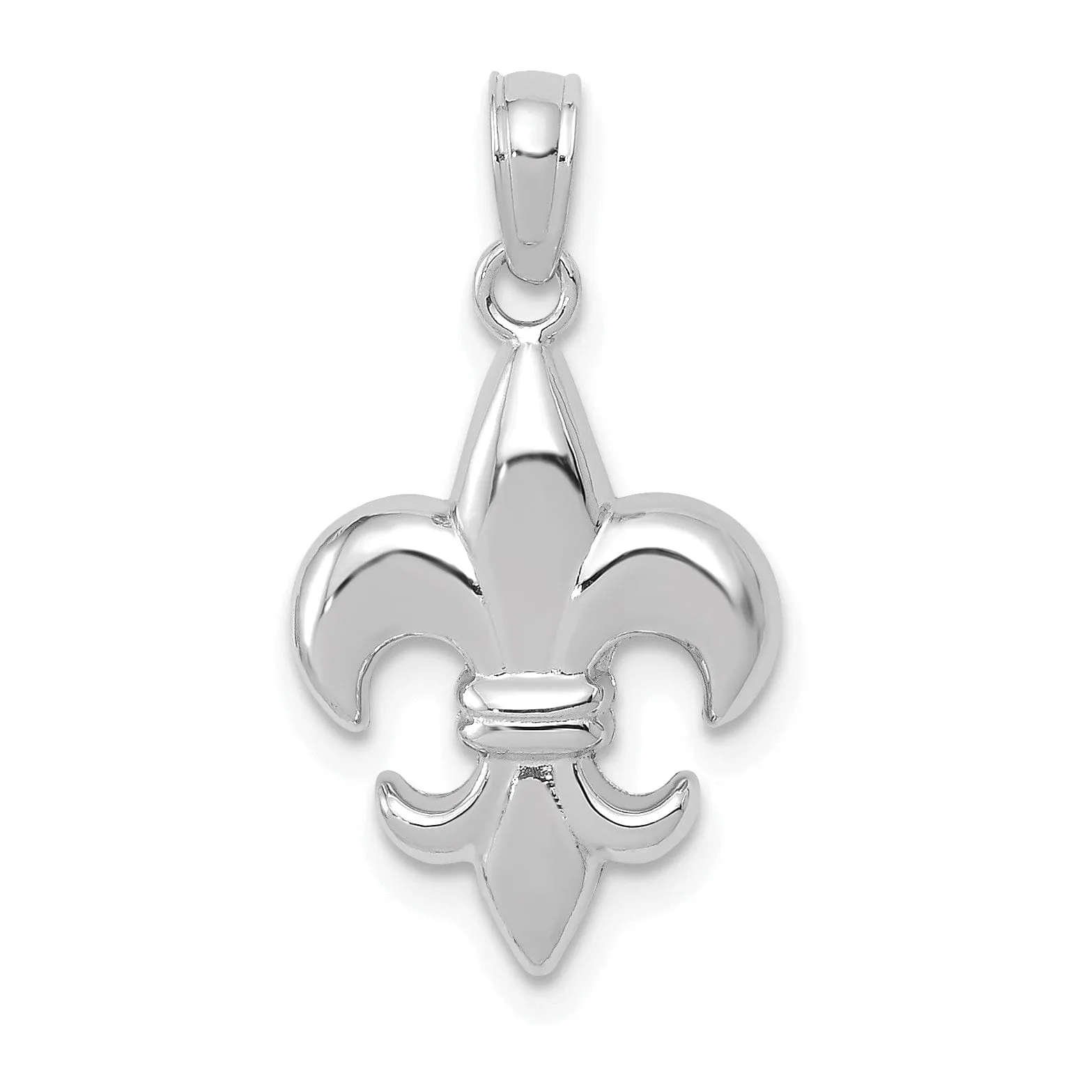 14k White Gold Solid Polished Finish Concave Shape Small Size Fleur-De-Lis Design Charm Pendant