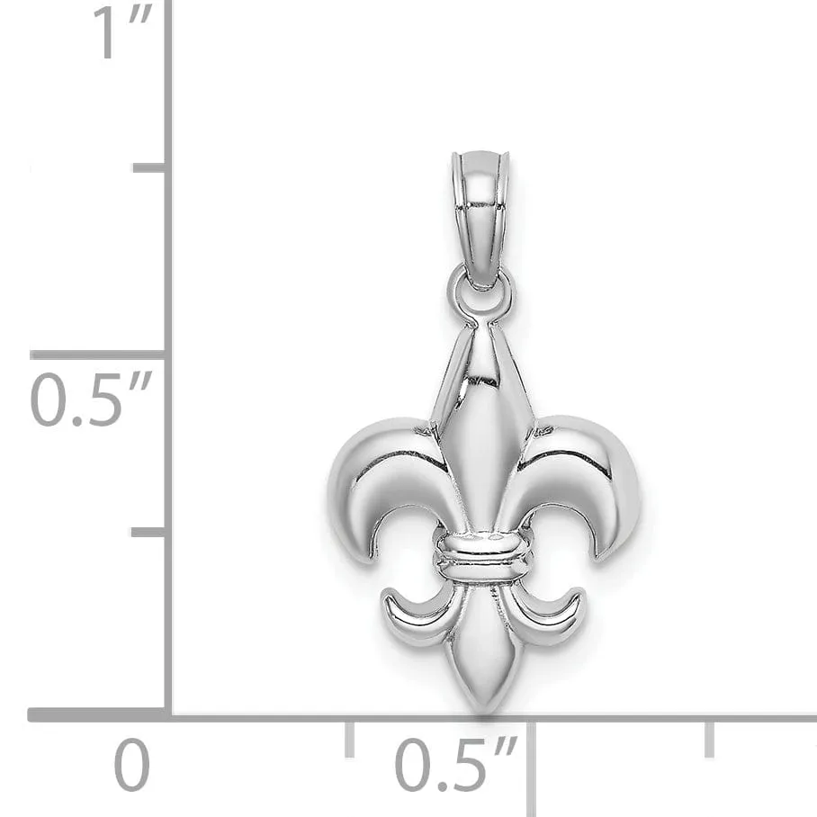 14k White Gold Solid Polished Finish Concave Shape Small Size Fleur-De-Lis Design Charm Pendant