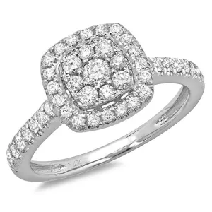 14K White Gold Square Halo Ring with Cluster Center, Prong Set