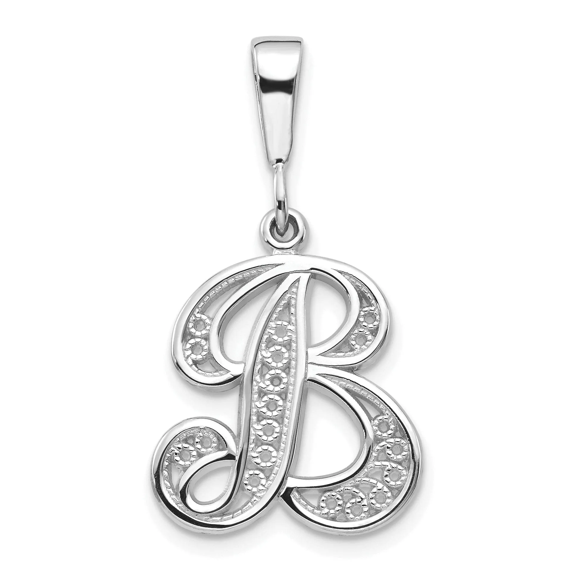 14K White GoldFancy Filigree Script Design Letter B Initial Pendant