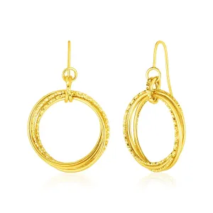 14k Yellow Gold Earrings Polished Textured Interlocking Circle Dangles