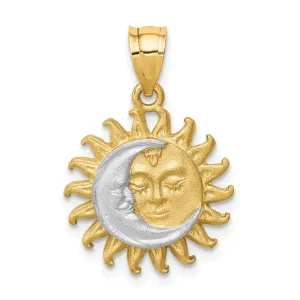 14K Yellow Gold White Rhodium Solid Brushed Finish Sun and Moon Design Charm Pendant