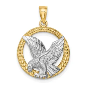 14K Yellow Gold White Rhodium Solid Textured Polished Finish Eagle in Circle Shape Design Mens Charm Pendant