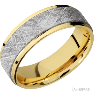 14K Yellow Gold with Polish Finish and Meteorite Inlay Flat Grooved Edges - 7MM