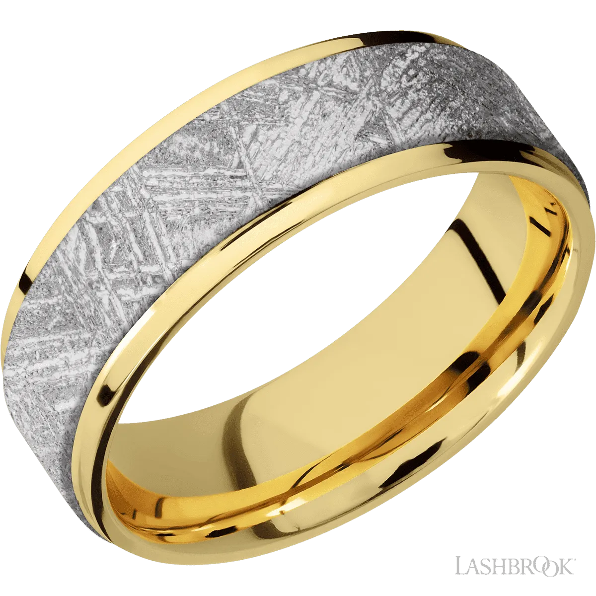 14K Yellow Gold with Polish Finish and Meteorite Inlay Flat Grooved Edges - 7MM