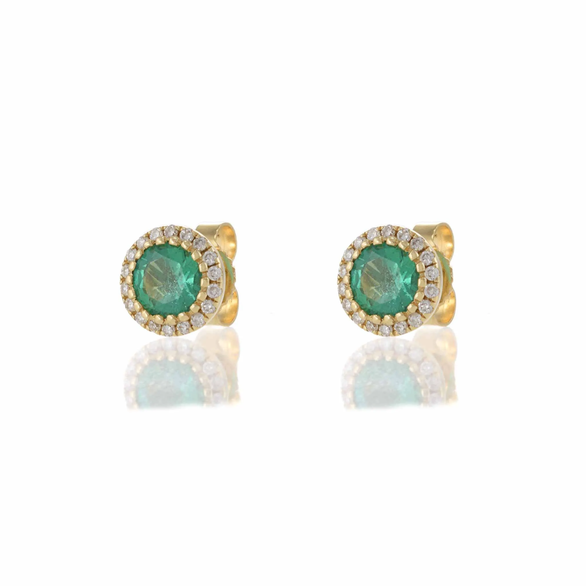 14KT Yellow Gold Halo Emerald and Diamond Stud Earrings