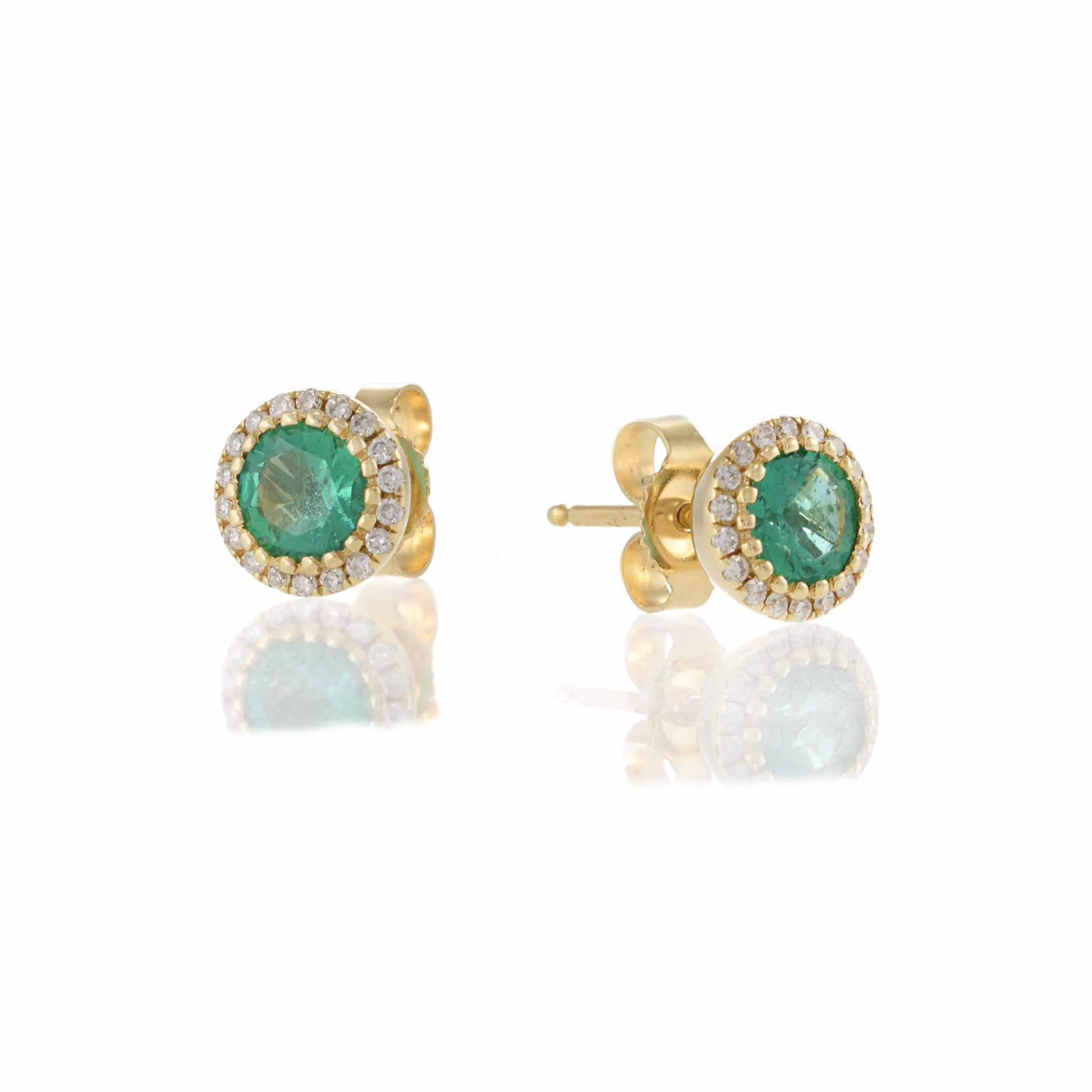 14KT Yellow Gold Halo Emerald and Diamond Stud Earrings