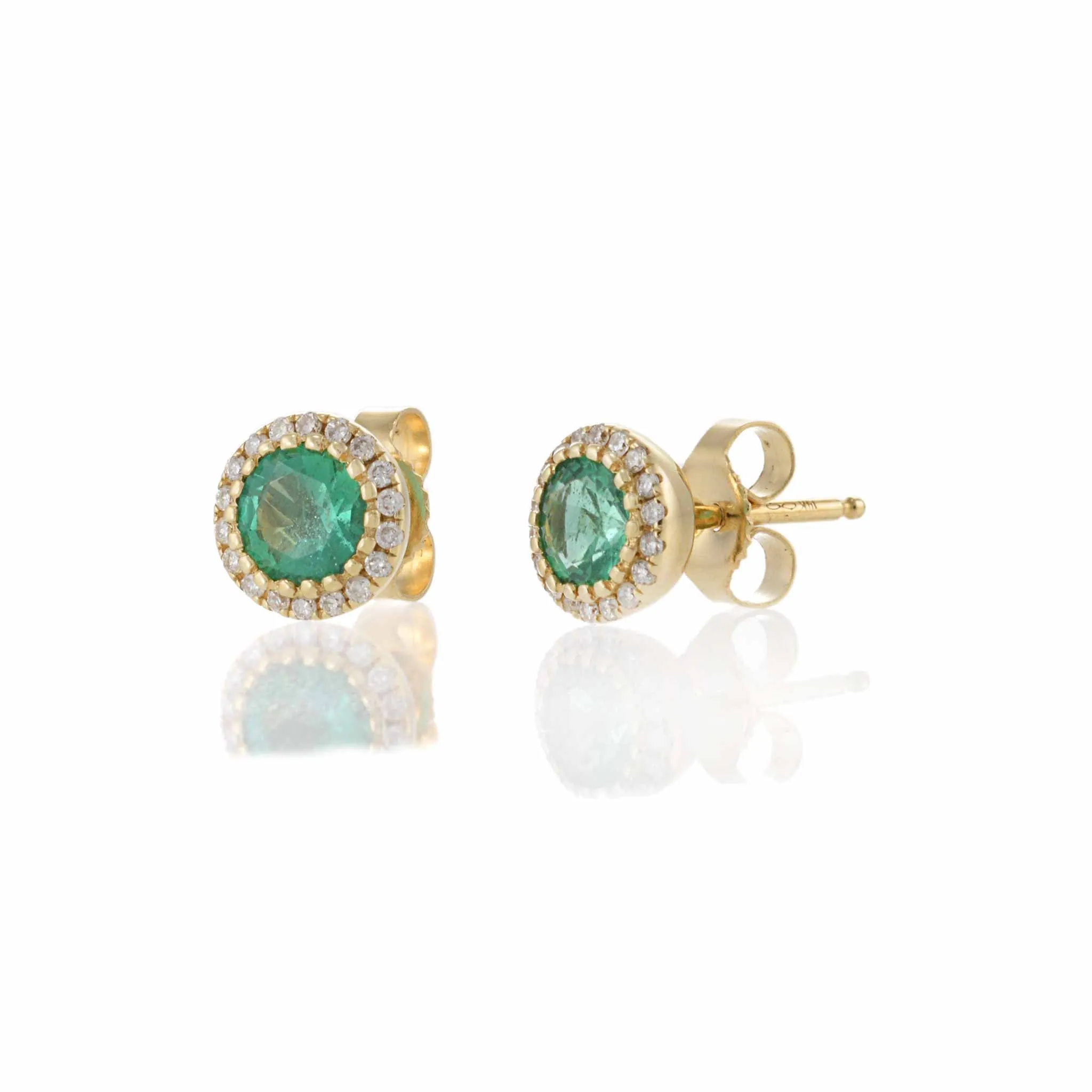 14KT Yellow Gold Halo Emerald and Diamond Stud Earrings