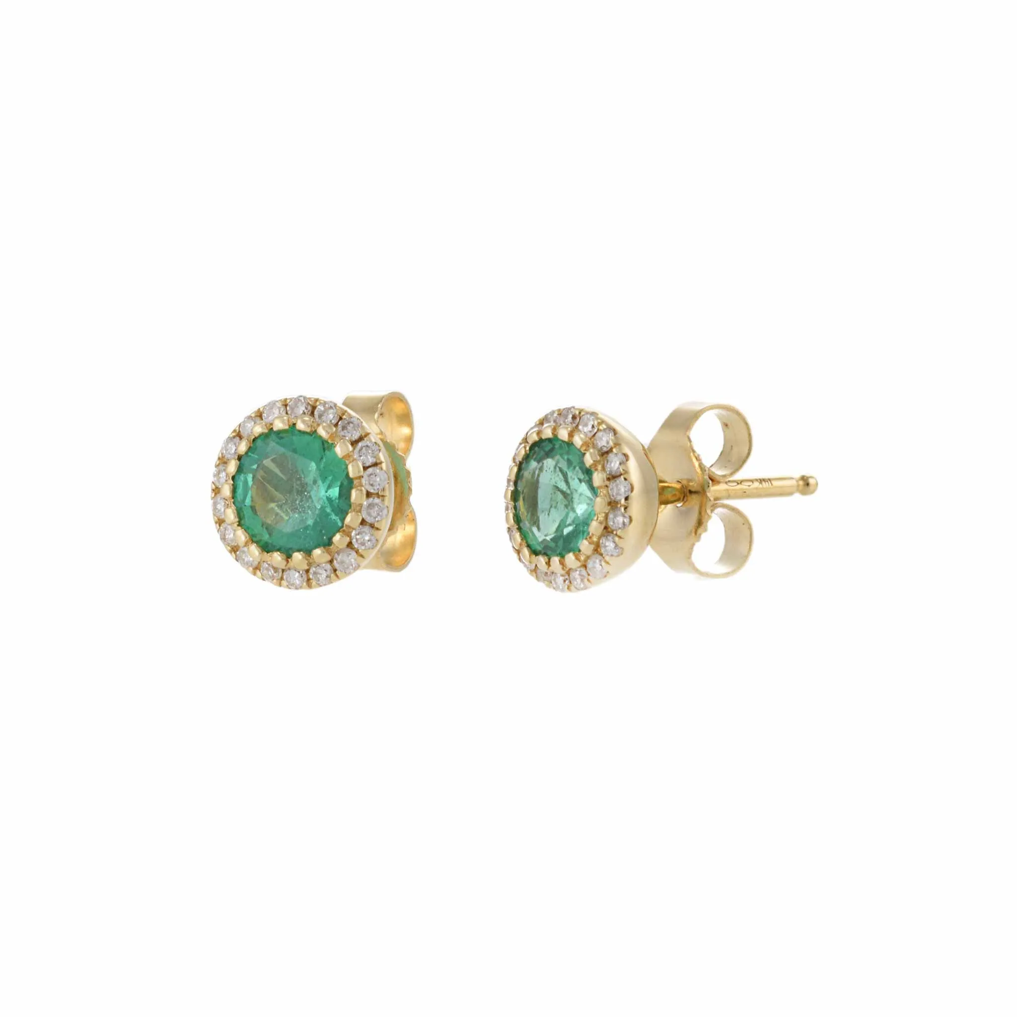 14KT Yellow Gold Halo Emerald and Diamond Stud Earrings