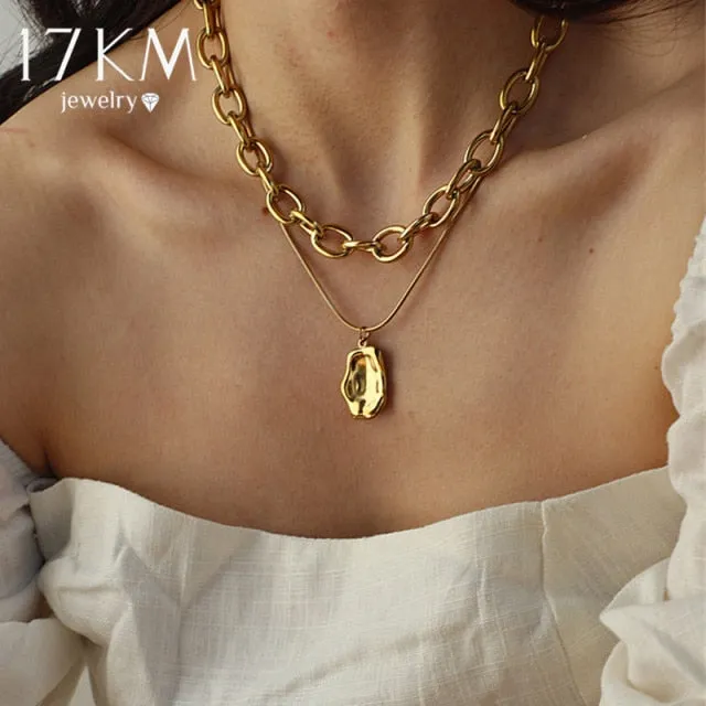 17KM Punk Multilayered Gold Chunky Chain Choker Necklace For Women Fashion Irregular Round Pendant Necklace 2021 Trend Jewelry