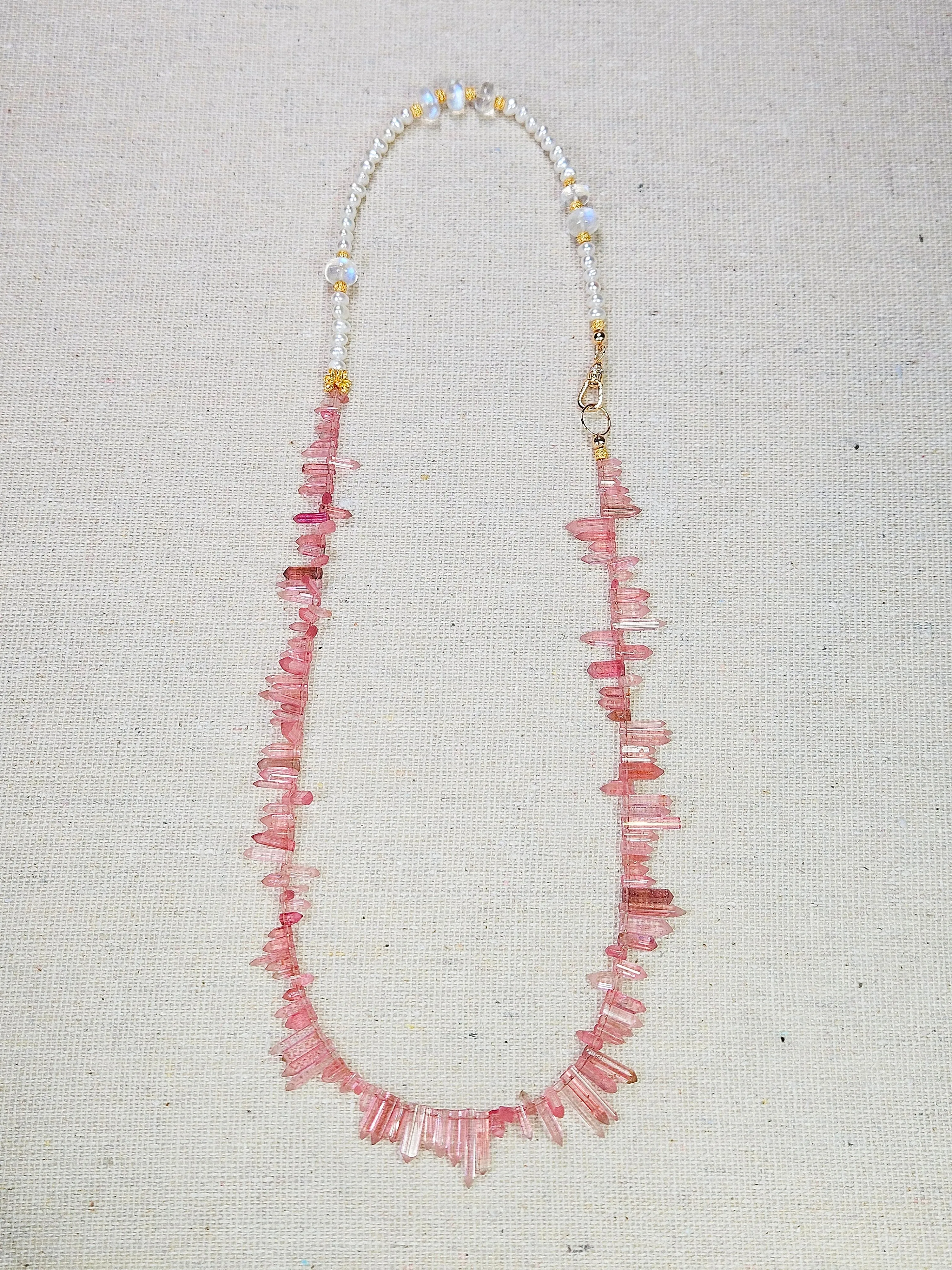 18K Yellow Gold Pink Tourmaline Gemstone Spikes, Freshwater Pearls, Rainbow Moonstone Halfsie Necklace 18.5"