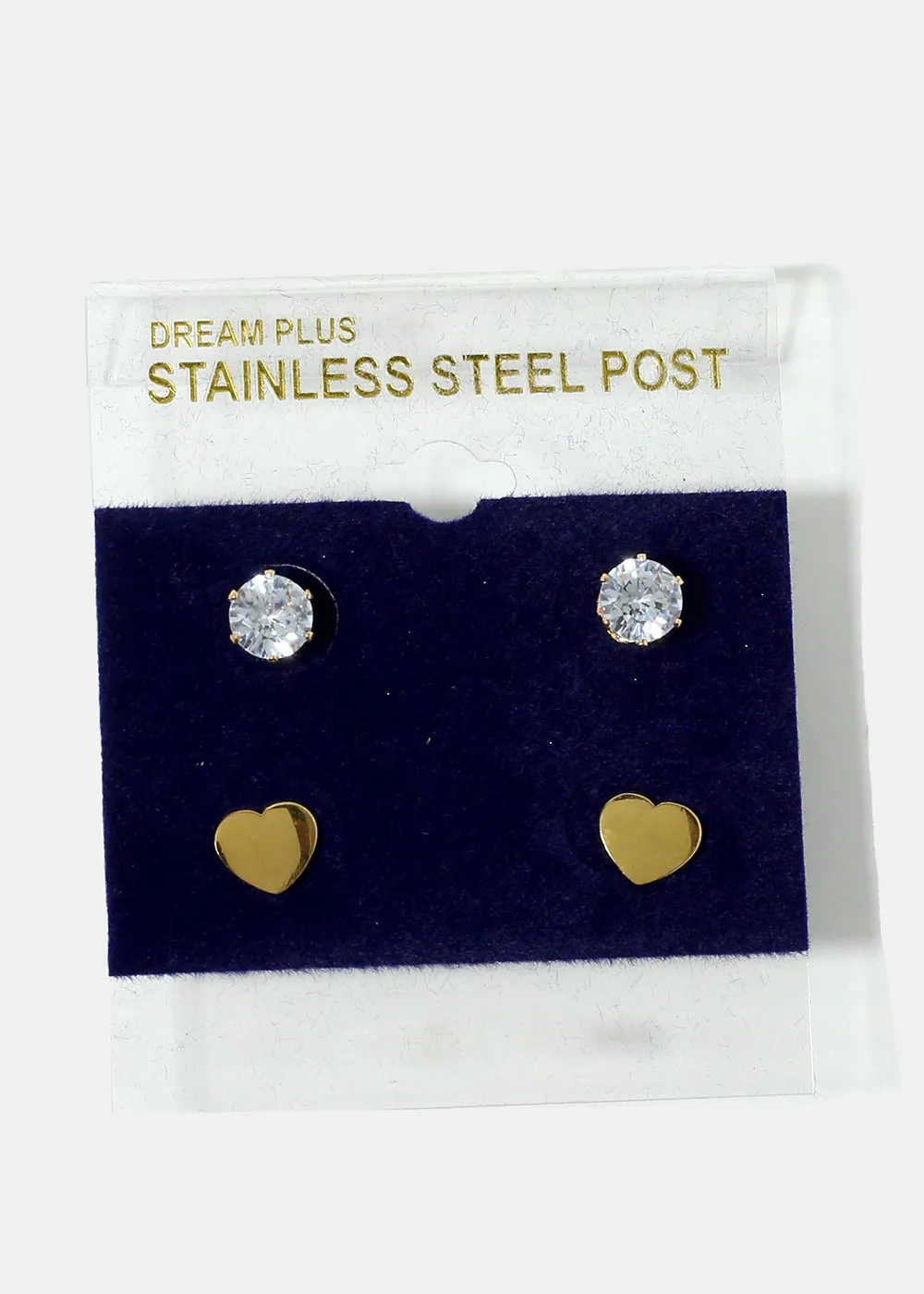 2-Pair Gemstone & Heart Stud Earrings