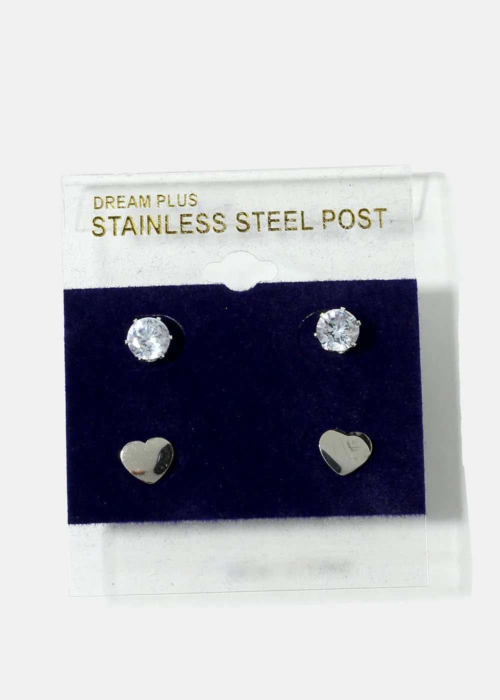 2-Pair Gemstone & Heart Stud Earrings