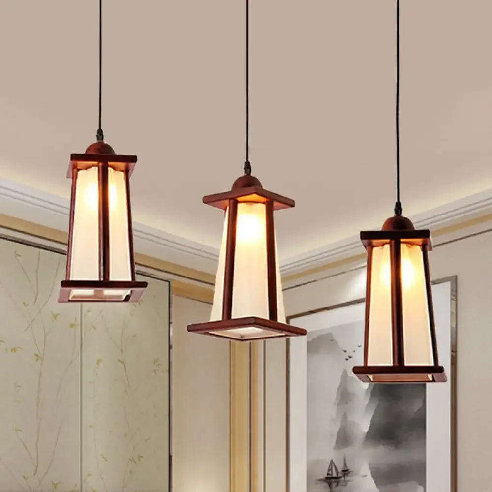 3-Light Coastal Wood Cluster Pendant with Frosted Glass Trapezoid Shade - Stylish Hanging Ceiling Light