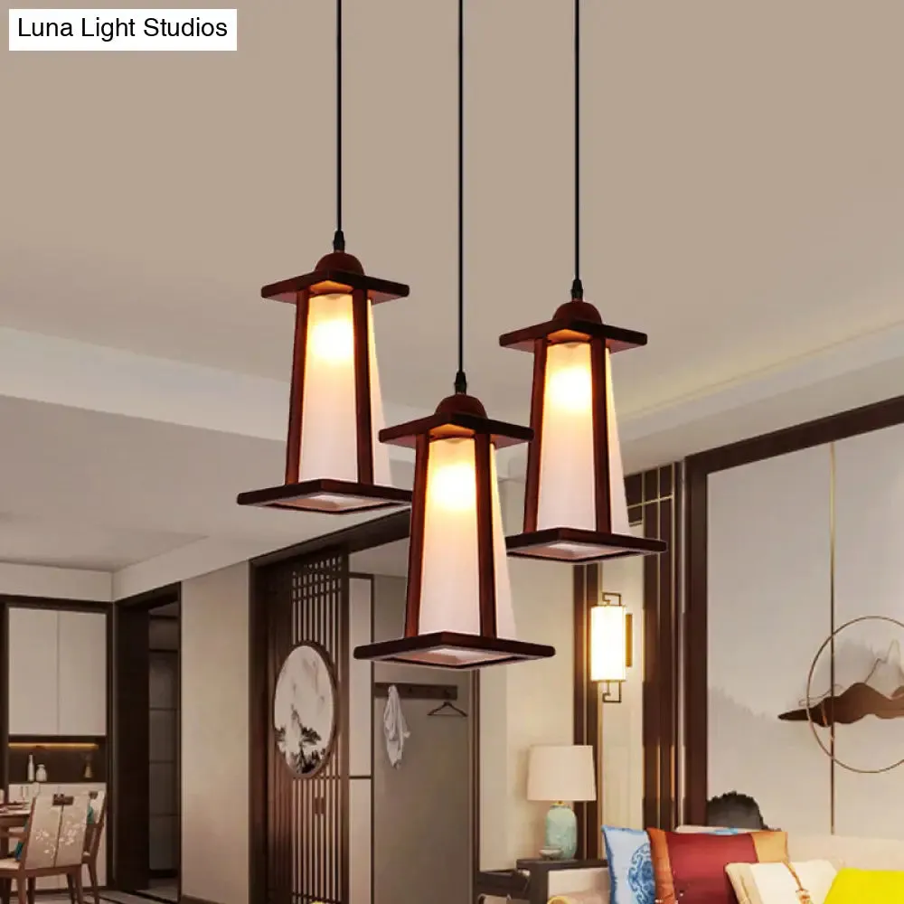 3-Light Coastal Wood Cluster Pendant with Frosted Glass Trapezoid Shade - Stylish Hanging Ceiling Light