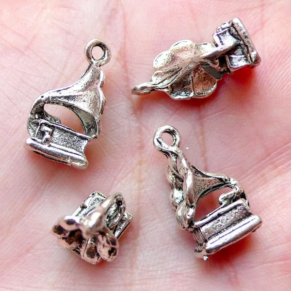 3D Phonograph Charms Gramophone Charm (4pcs / 9mm x 18mm / Tibetan Silver) Whimsical Jewelry Music Record Player Charm Bracelet CHM1224