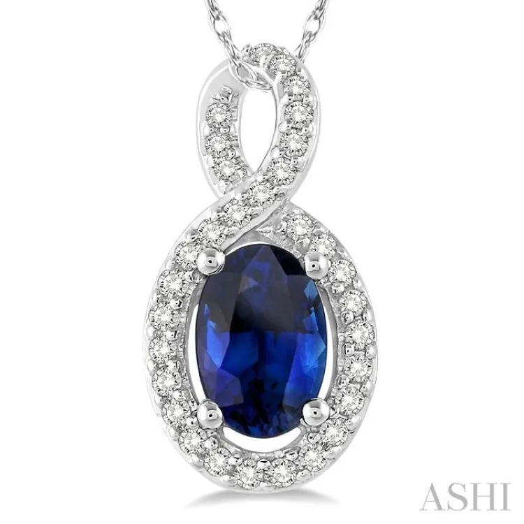 6x4 MM Oval Cut Sapphire and 1/10 Ctw Round Cut Diamond Pendant in 14K White Gold with Chain