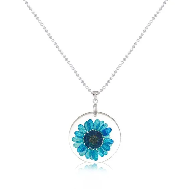 8SEASONS Handmade Boho Transparent Resin Dried Flower Daisy Necklace Ball Chain Silver Color White Round 45cm long, 1 Piece