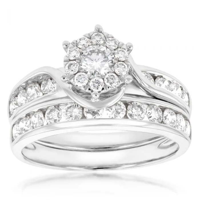 9ct White Gold 2 Ring Bridal Set With 1 Carat Of Brilliant Cut Diamonds