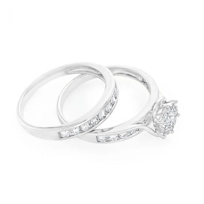 9ct White Gold 2 Ring Bridal Set With 1 Carat Of Brilliant Cut Diamonds