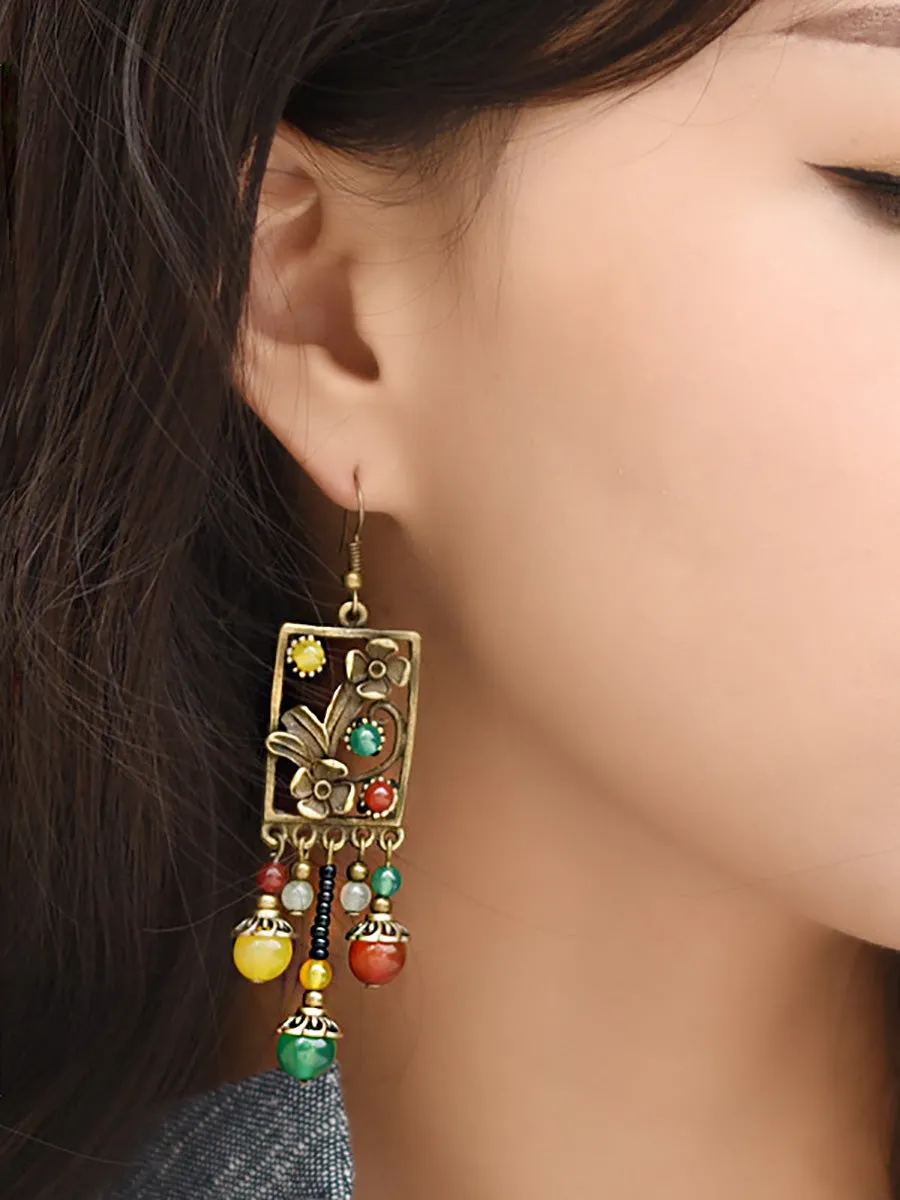 Alloy Flower Agate Tassel Retro Earrings RR014