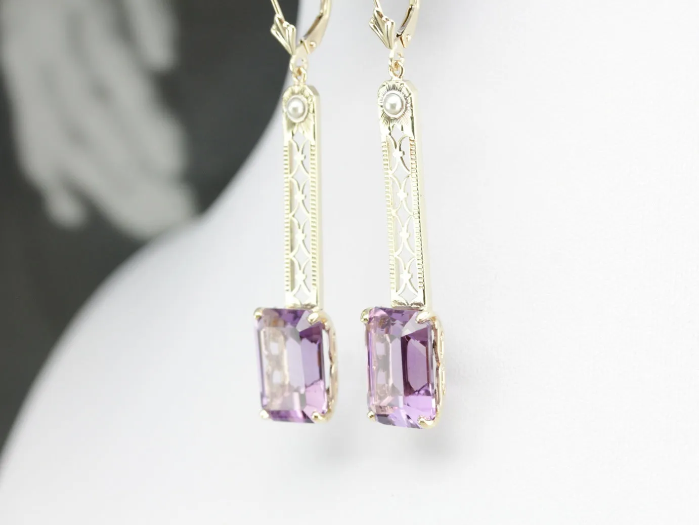 Amethyst and Pearl Filigree Drop Earrings