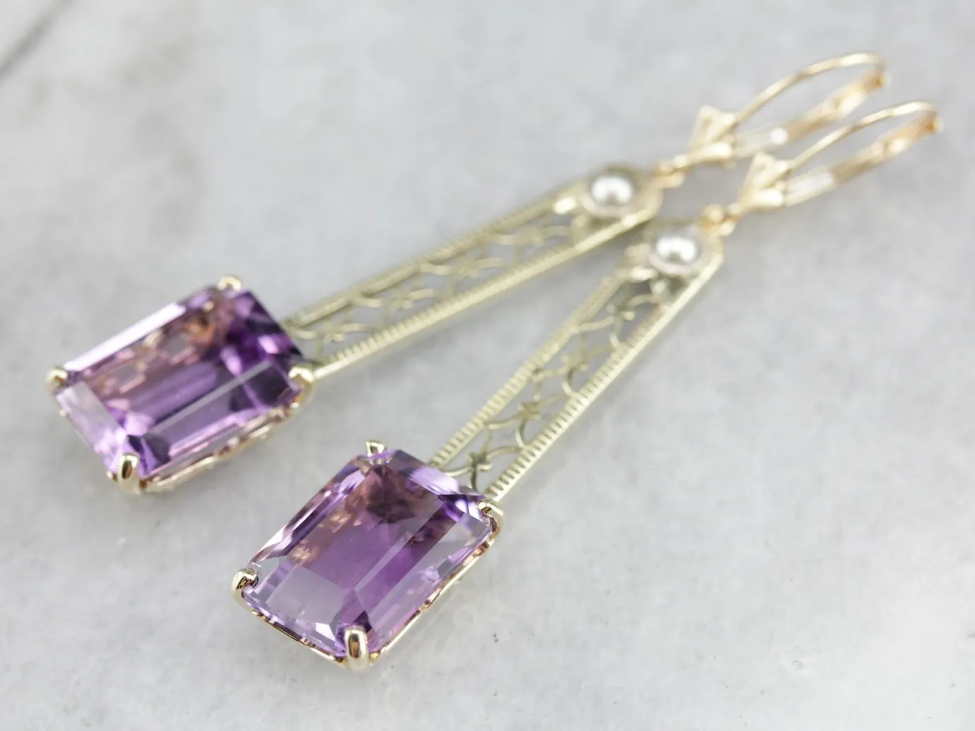 Amethyst and Pearl Filigree Drop Earrings