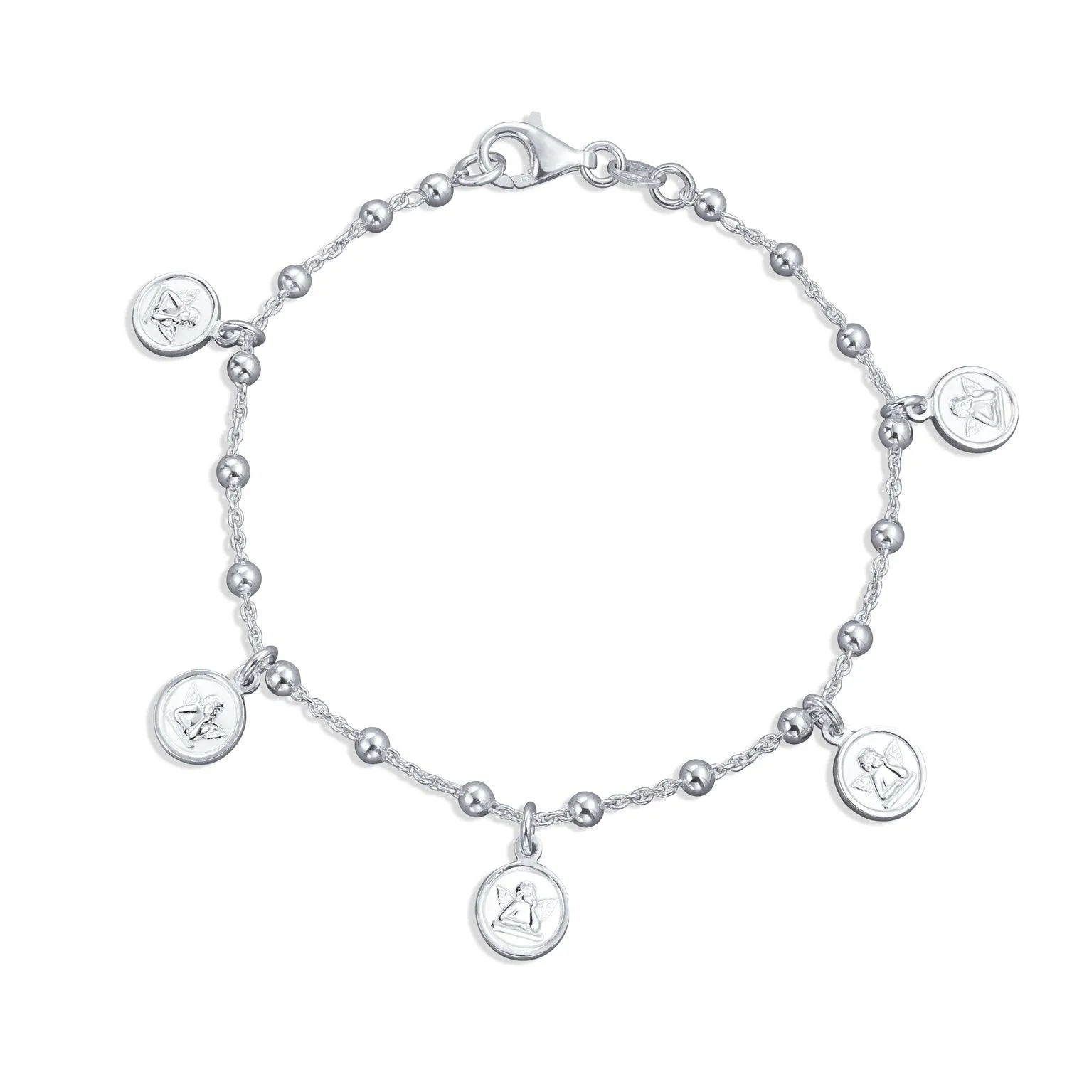 Angels Cherubs Dangle Round Disc Multi Charm Bracelet Sterling Silver