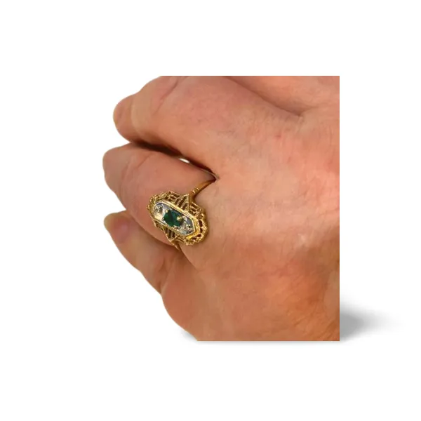 Antique Estate 14K Yellow Gold Emerald Diamond Filigree Ring