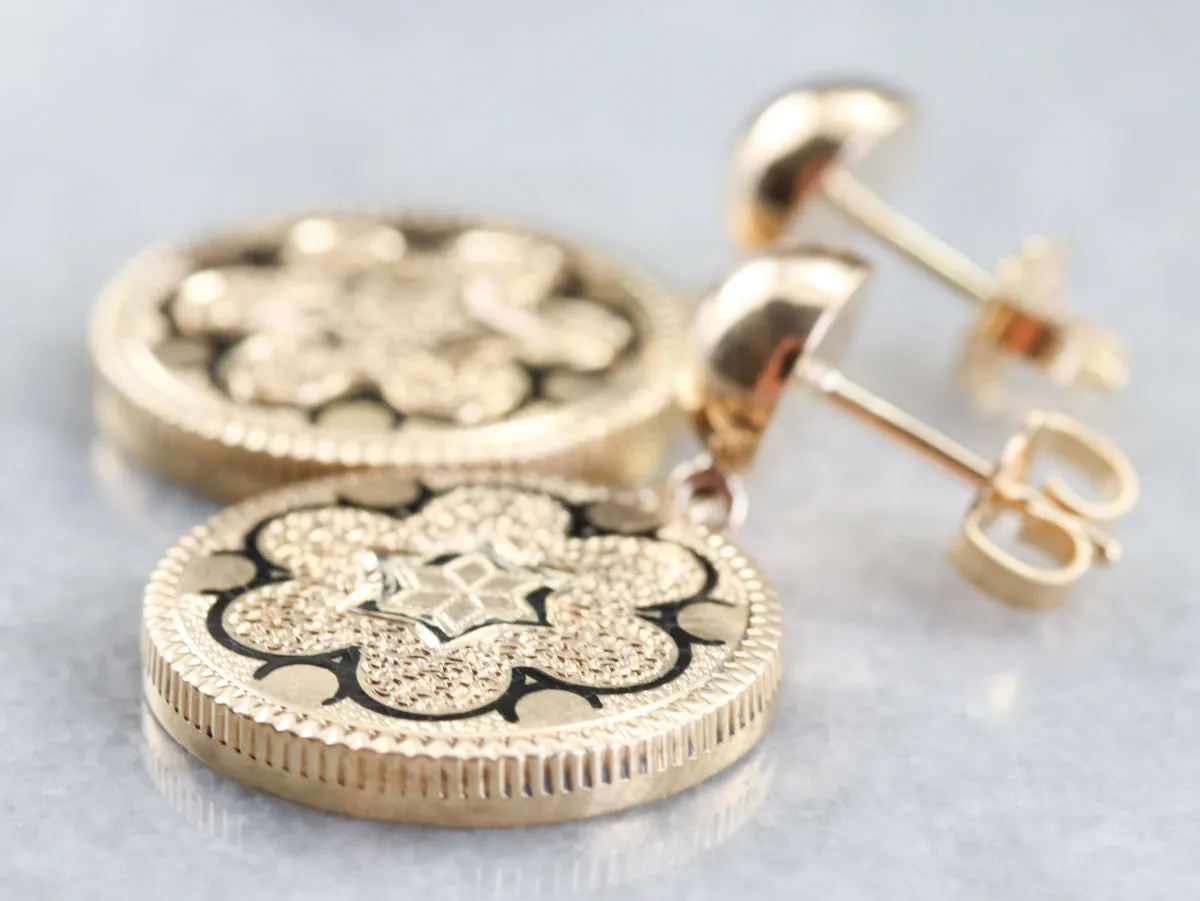 Antique Gold Black Enamel Drop Earrings