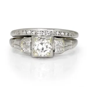 Art Deco Round Diamond Engagement Ring Set Platinum