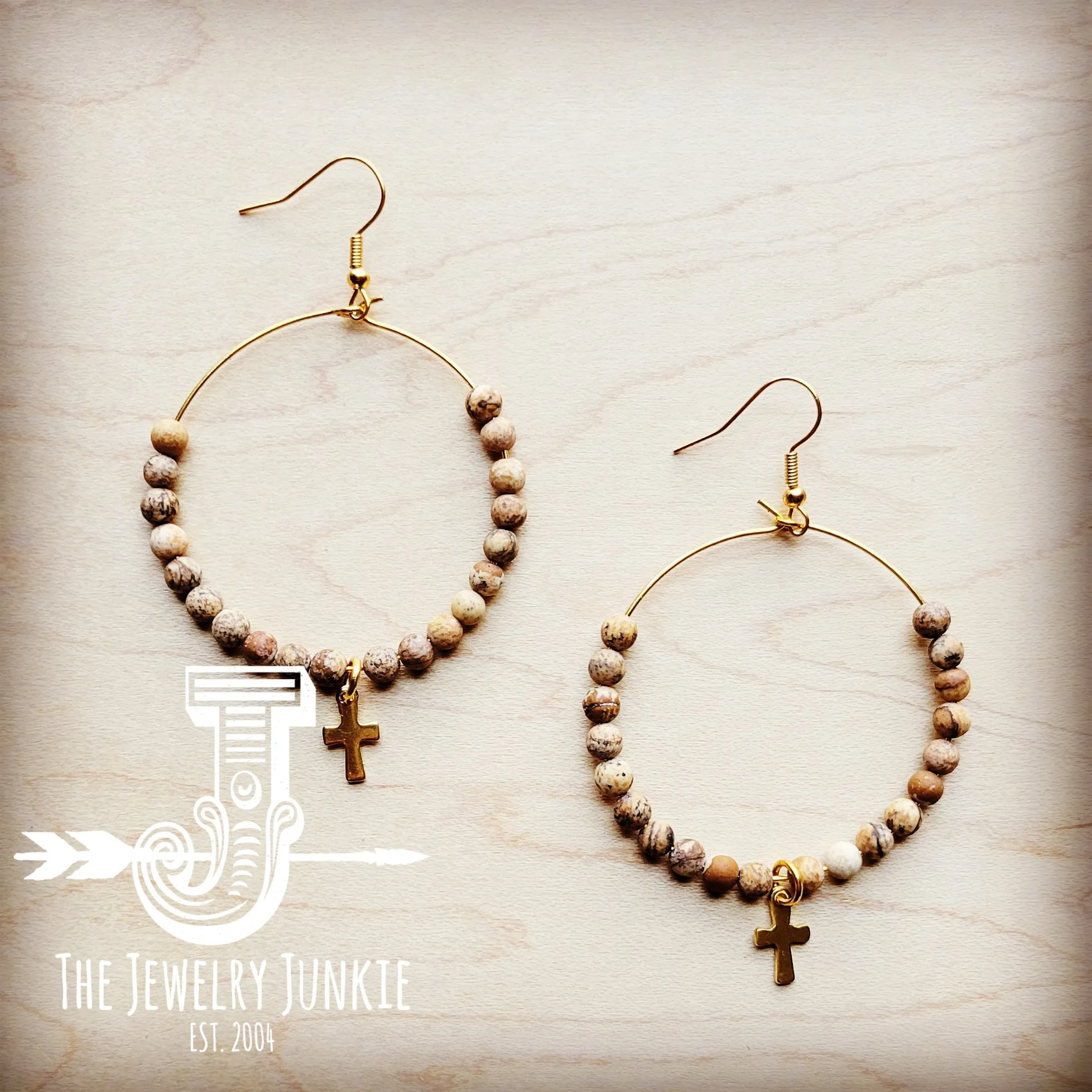 **Beaded Hoop Earrings- Picture Jasper w/ Cross Dangle 215h