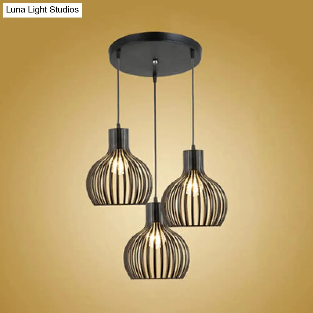 Black Iron 3-Light Onion Dining Room Pendant with Stylish Cage Shade for Loft - Hanging Light Fixture