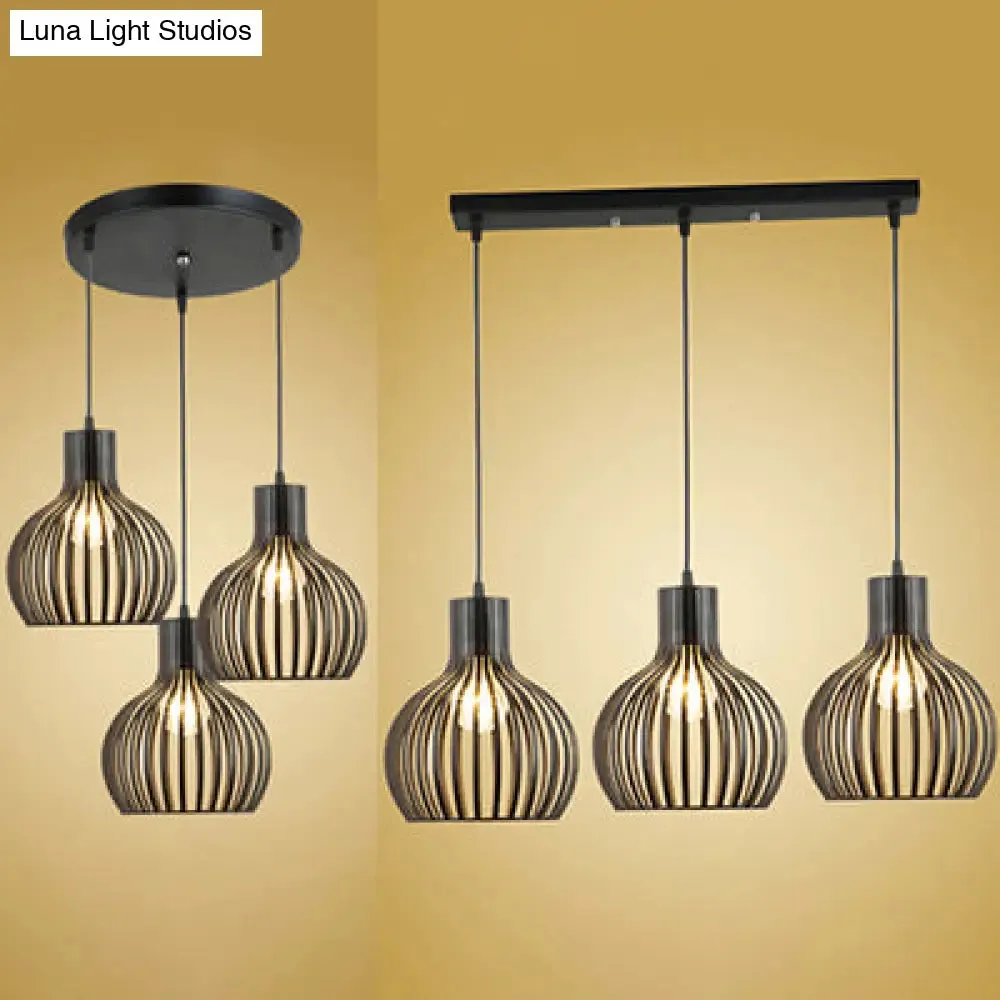 Black Iron 3-Light Onion Dining Room Pendant with Stylish Cage Shade for Loft - Hanging Light Fixture