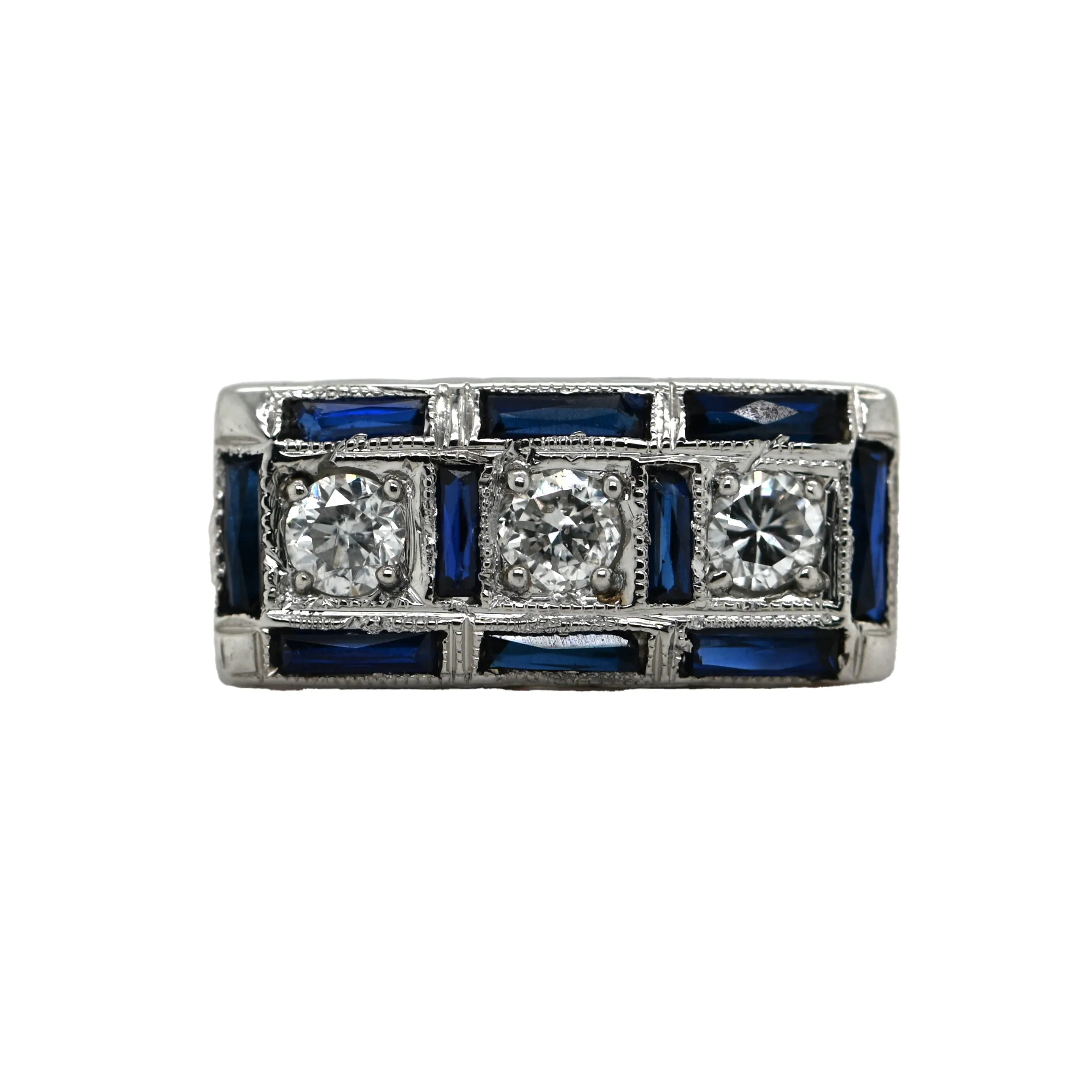 Blue Sapphire & Round Brilliant Cut Diamond Filagree Platinum Ring