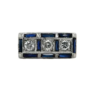 Blue Sapphire & Round Brilliant Cut Diamond Filagree Platinum Ring