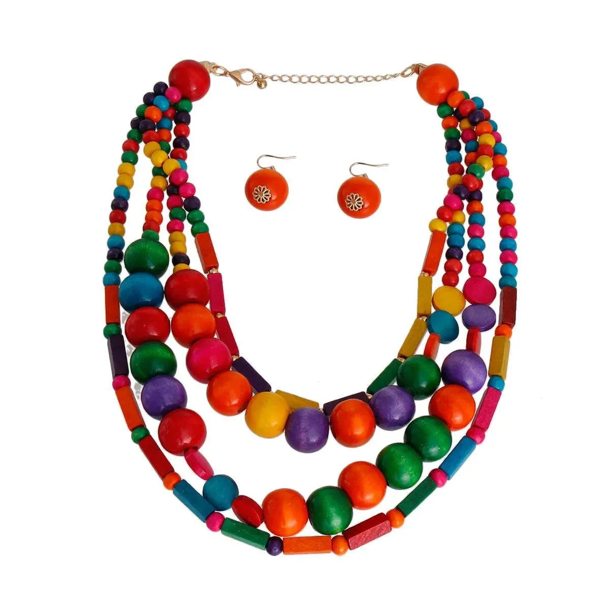 Bohemian Multi-layer Multicolor Wooden Beads Necklace Set: Stylish Fun Vibes