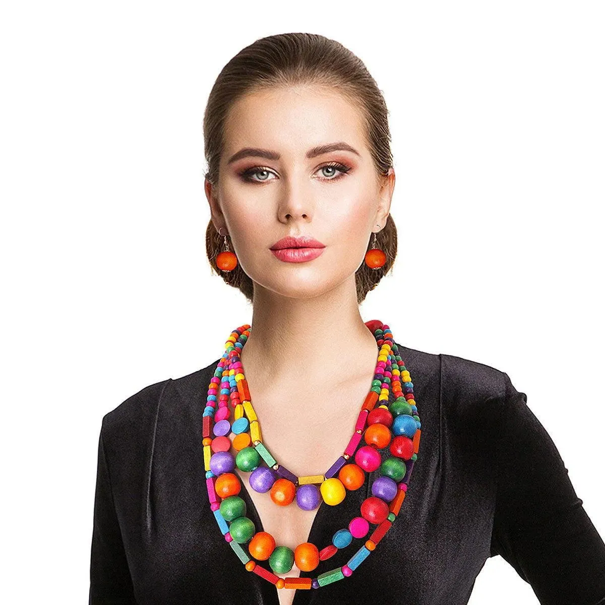 Bohemian Multi-layer Multicolor Wooden Beads Necklace Set: Stylish Fun Vibes