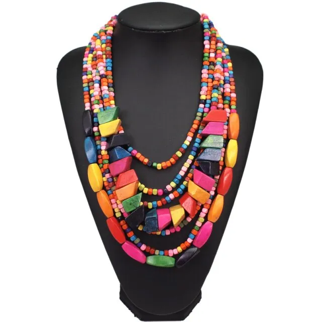 Bohemian Multi-layer Wood Bead Choker Necklaces